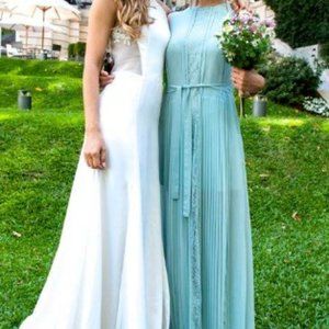 BCBG MAXAZRIA “Adriena” Accordion Pleat Maxi Dress with Lace Panels, Tie Waist